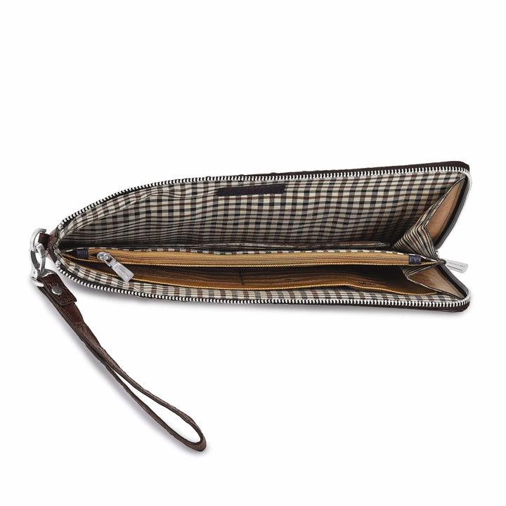 Lovely Rita's Handbags, Totes & Wallets Top Grain Leather Croc Texture Zips Around One Side and Top Cotton and Leather Gusseted Lining with Center Zip Compartment Divider 20 Card Slot Detachable 7 inch Wrist Strap Dark Brown Portfolio