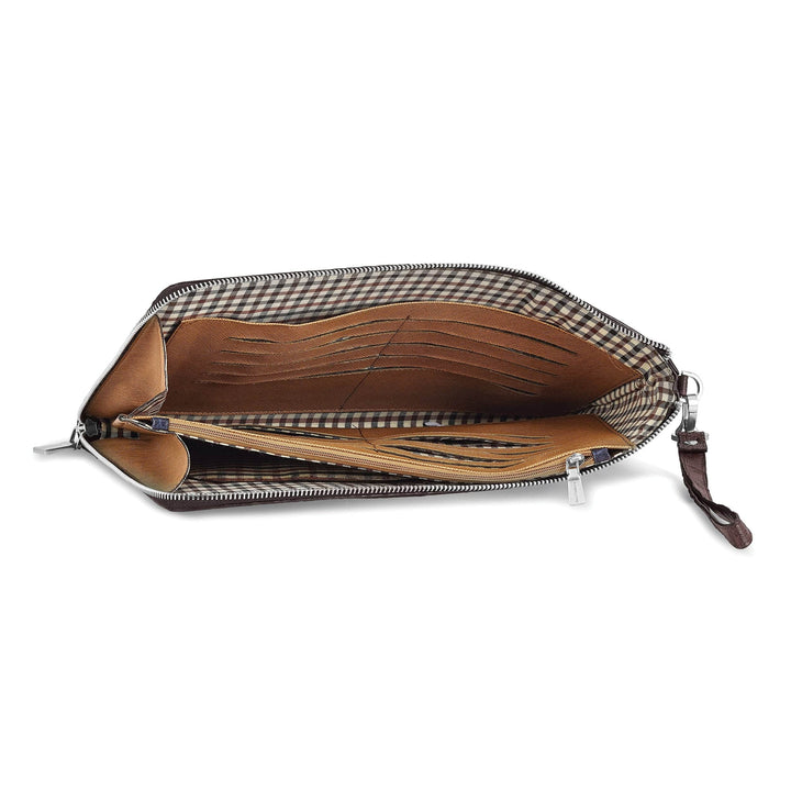 Lovely Rita's Handbags, Totes & Wallets Top Grain Leather Croc Texture Zips Around One Side and Top Cotton and Leather Gusseted Lining with Center Zip Compartment Divider 20 Card Slot Detachable 7 inch Wrist Strap Dark Brown Portfolio