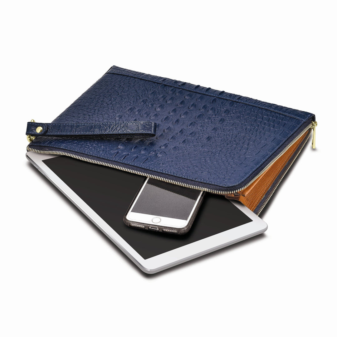 Lovely Rita's Handbags, Totes & Wallets Top Grain Leather Croc Texture Zips Around One Side and Top Cotton and Leather Gusseted Lining with Center Zip Compartment Divider 20 Card Slot Detachable 7 inch Wrist Strap Navy Portfolio