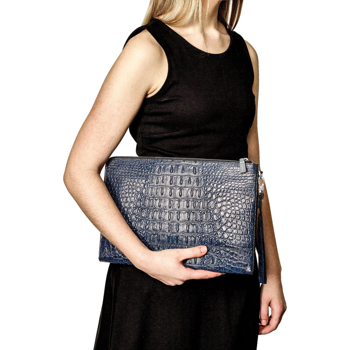 Lovely Rita's Handbags, Totes & Wallets Top Grain Leather Croc Texture Zips Around One Side and Top Cotton and Leather Gusseted Lining with Center Zip Compartment Divider 20 Card Slot Detachable 7 inch Wrist Strap Navy Portfolio