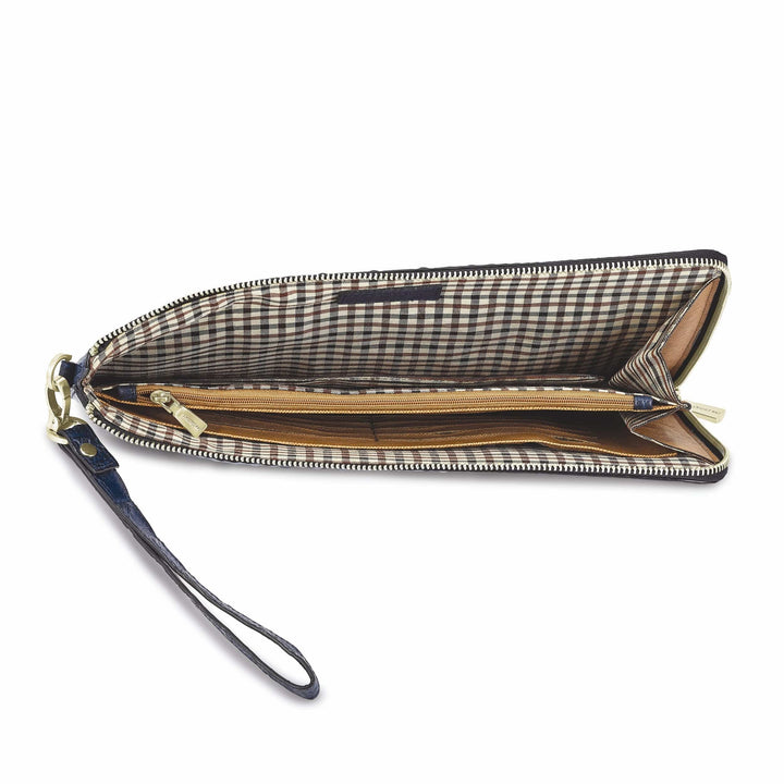 Lovely Rita's Handbags, Totes & Wallets Top Grain Leather Croc Texture Zips Around One Side and Top Cotton and Leather Gusseted Lining with Center Zip Compartment Divider 20 Card Slot Detachable 7 inch Wrist Strap Navy Portfolio