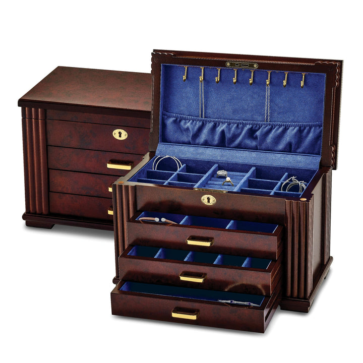 Jere Collection Jewelry Box Luxury Giftware Matte Rosewood Burl Veneer 3-drawer Locking Wooden Jewelry Box