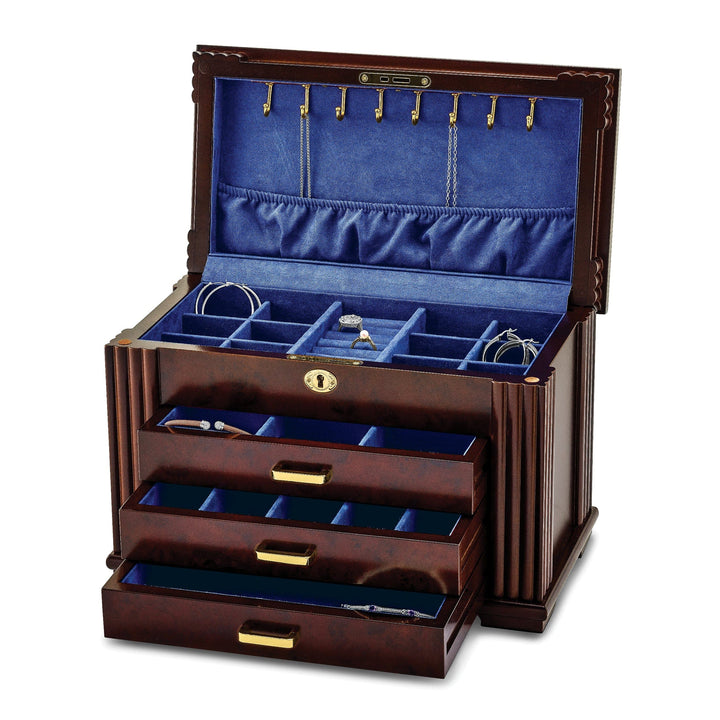 Jere Collection Jewelry Box Luxury Giftware Matte Rosewood Burl Veneer 3-drawer Locking Wooden Jewelry Box