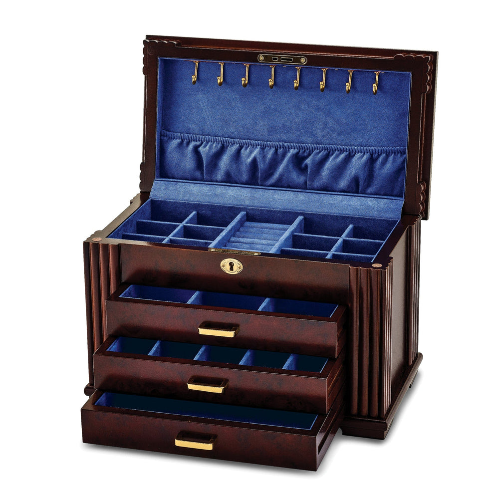 Jere Collection Jewelry Box Luxury Giftware Matte Rosewood Burl Veneer 3-drawer Locking Wooden Jewelry Box