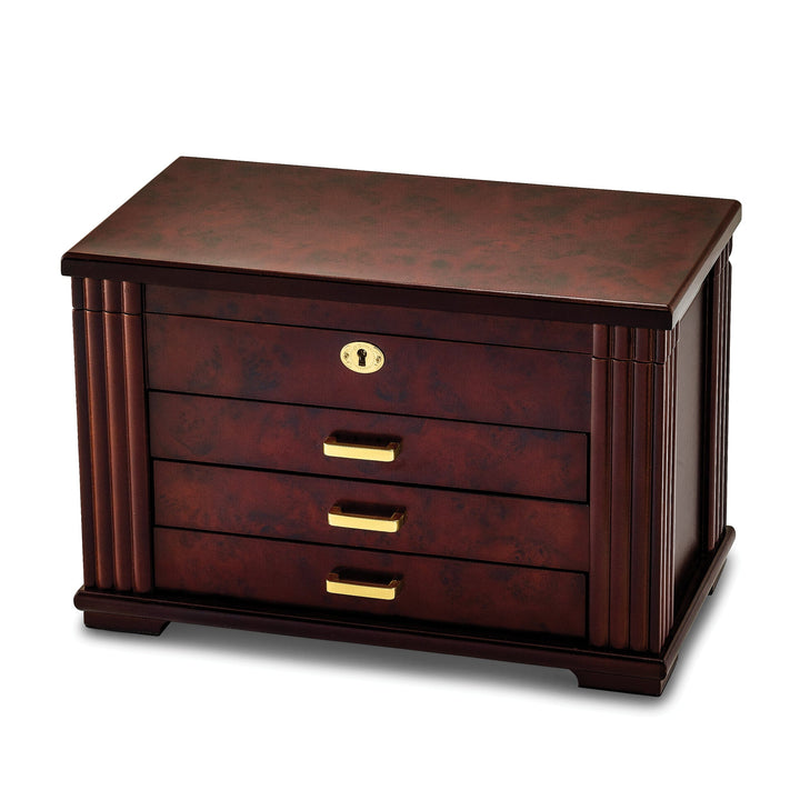 Jere Collection Jewelry Box Luxury Giftware Matte Rosewood Burl Veneer 3-drawer Locking Wooden Jewelry Box