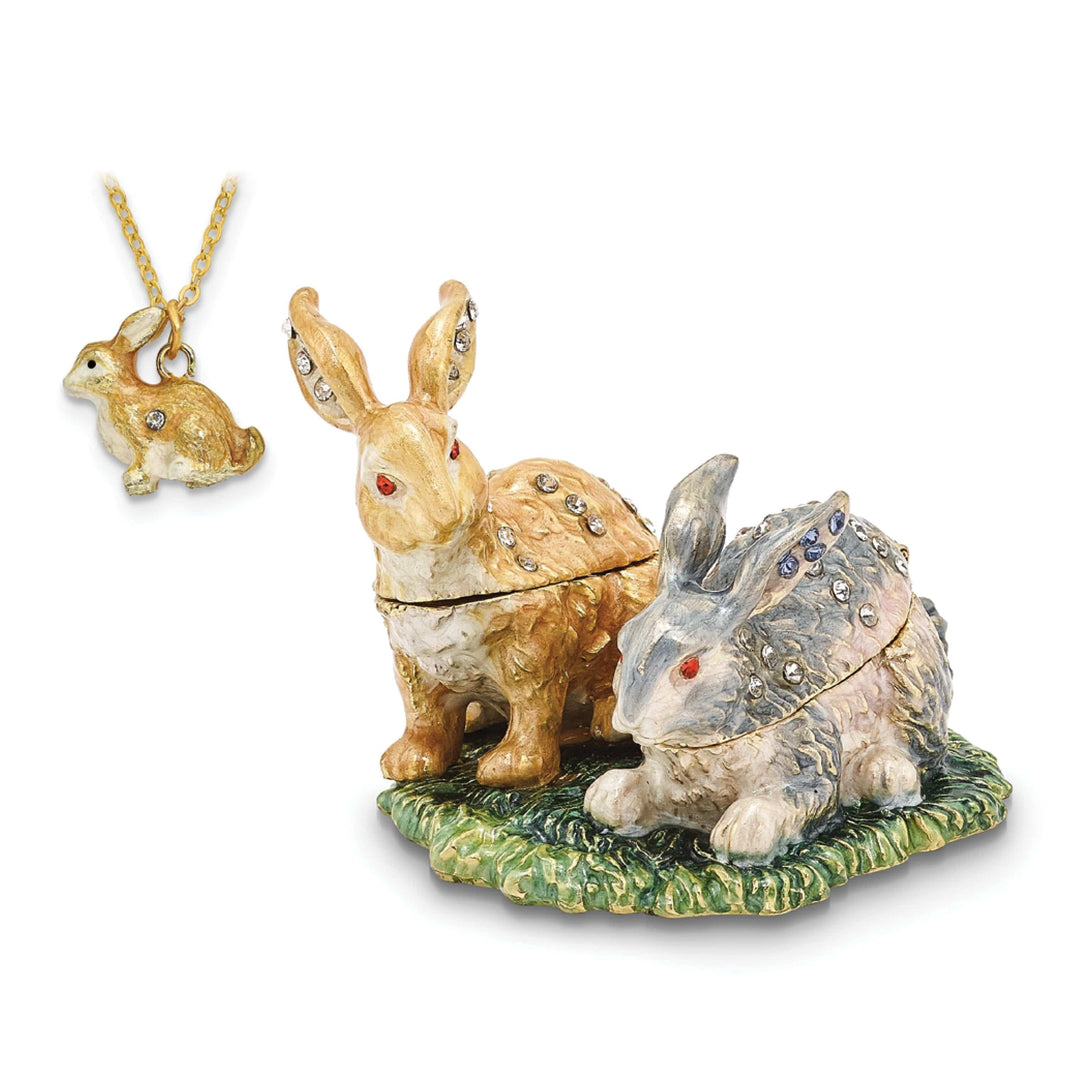 Luxury Giftware by Jere Jewelry Sets Bejeweled Multi Color Enamel Finish BEST BUNNIES Rabbits Trinket Box