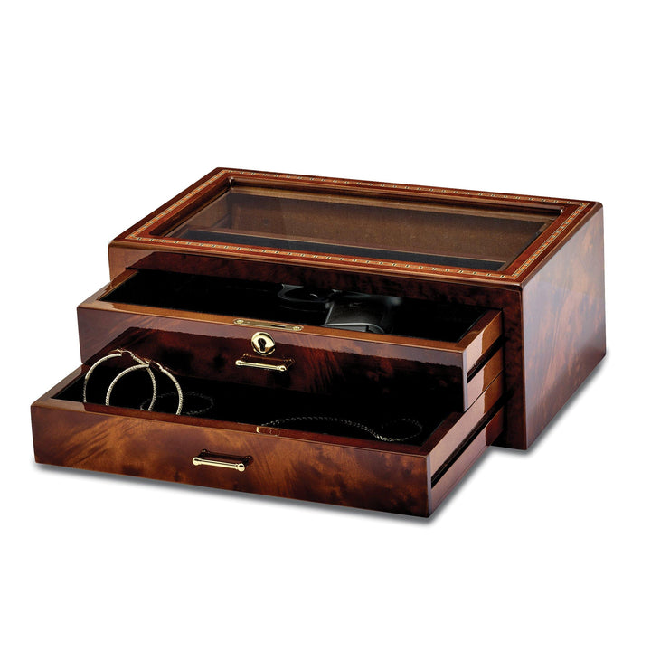 Lovely Rita's Keepsake Box Inlay Wood Veneer Glass 2 Drawer Collector Box