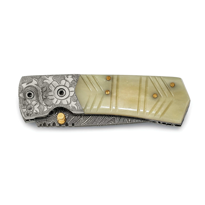 Lovely Rita's Knife Collection Damascus Steel 256 Layer Folding Carved Camel Bone Handle Knife