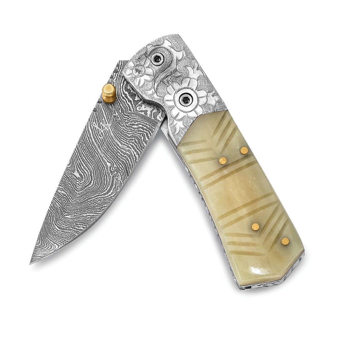 Lovely Rita's Knife Collection Damascus Steel 256 Layer Folding Carved Camel Bone Handle Knife