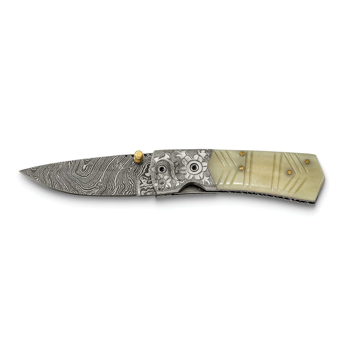 Lovely Rita's Knife Collection Damascus Steel 256 Layer Folding Carved Camel Bone Handle Knife