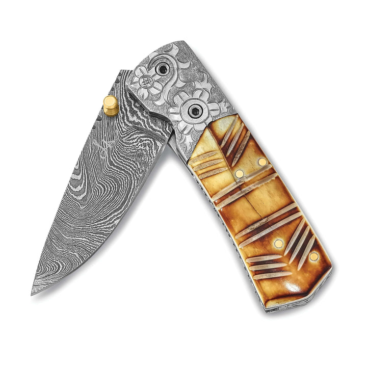 Lovely Rita's Knife Collection Damascus Steel 256 Layer Folding Dyed/Carved Camel Bone Knife