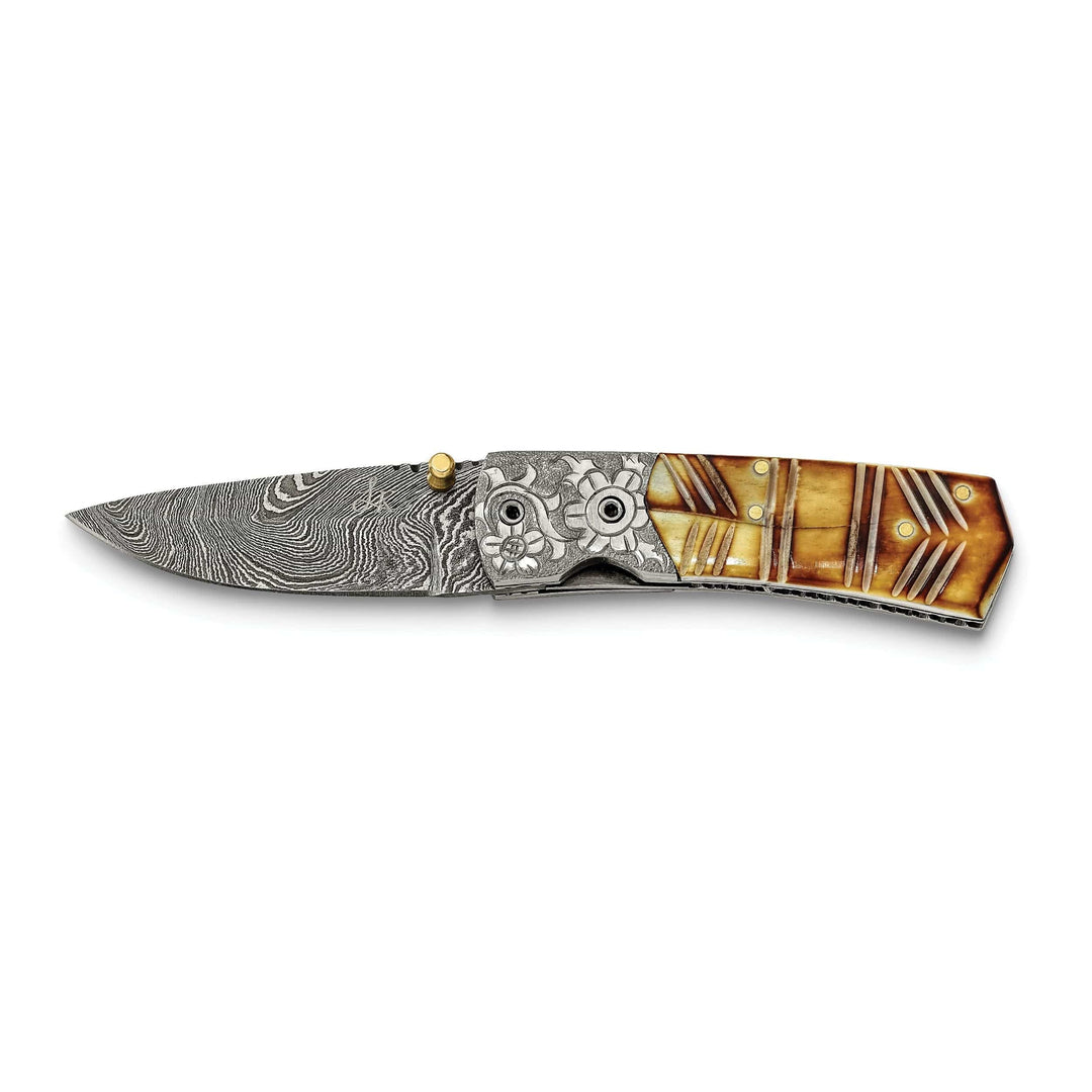 Lovely Rita's Knife Collection Damascus Steel 256 Layer Folding Dyed/Carved Camel Bone Knife