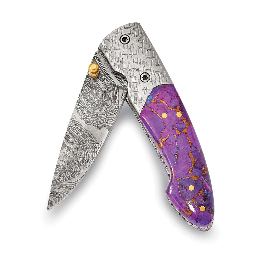 Lovely Rita's Knife Collection Damascus Steel 256 Layer Purple Stone Handle Folding Blade Knife