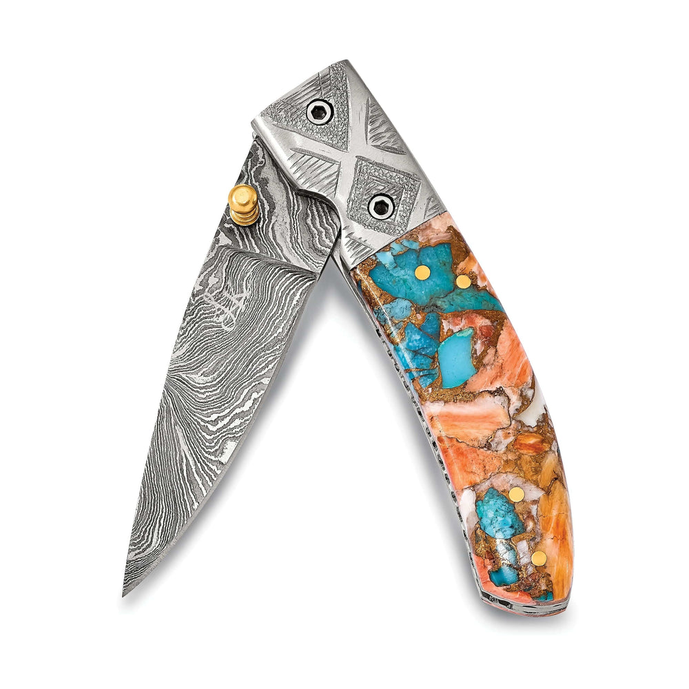 Lovely Rita's Knife Collection Damascus Steel 256 Layer Spiny Oyster & Turquoise Folding Blade Knife