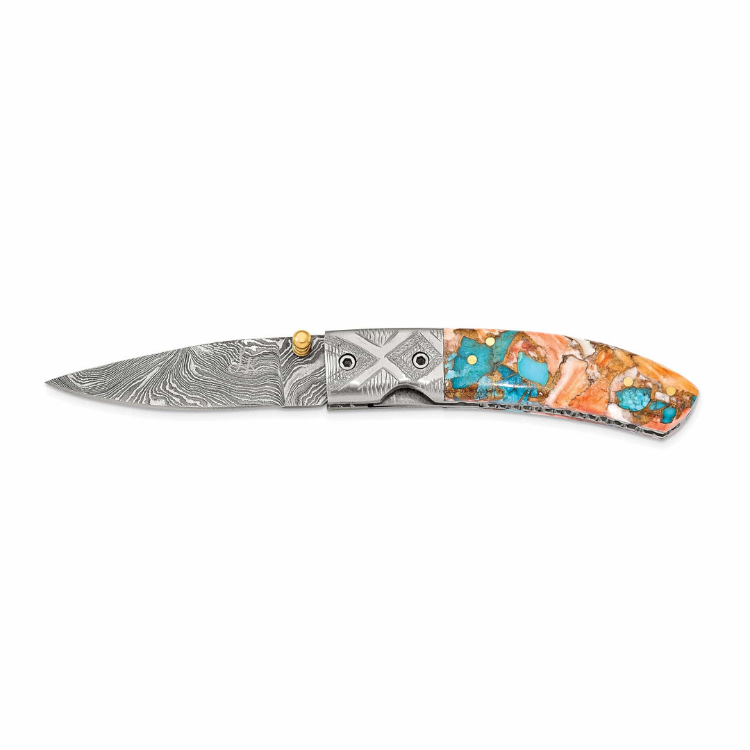 Lovely Rita's Knife Collection Damascus Steel 256 Layer Spiny Oyster & Turquoise Folding Blade Knife