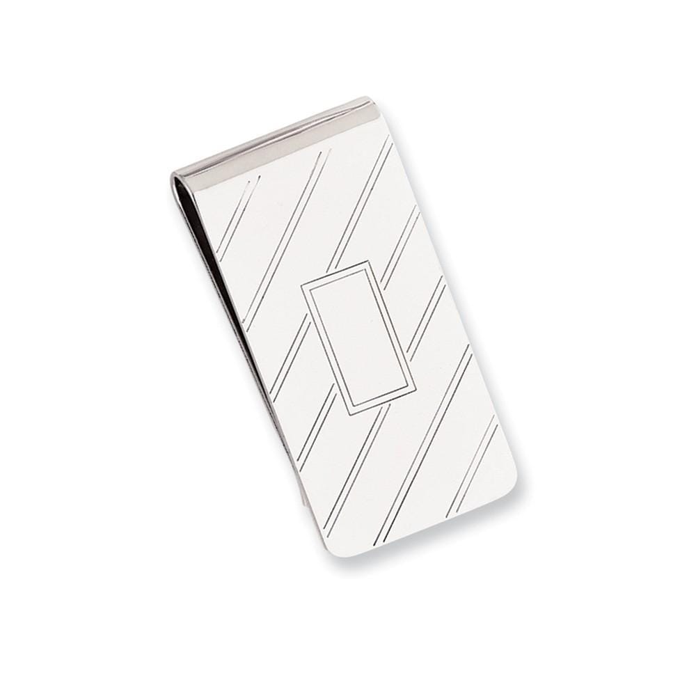 Jere Collection Money Clip No Engraving Rhodium Plated Etched Diagonal Line Money Clip