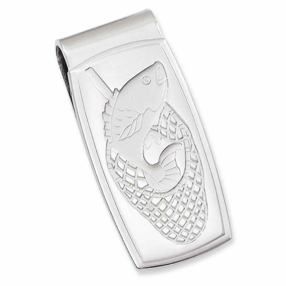 Jere Collection Money Clip No Engraving Rhodium Plated Fish in Net Hinged Money Clip