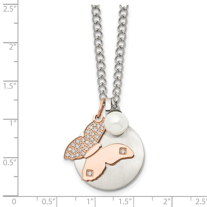 Chisel Necklaces Stainless Rose CZ Butterfly Faux Pearl Necklace