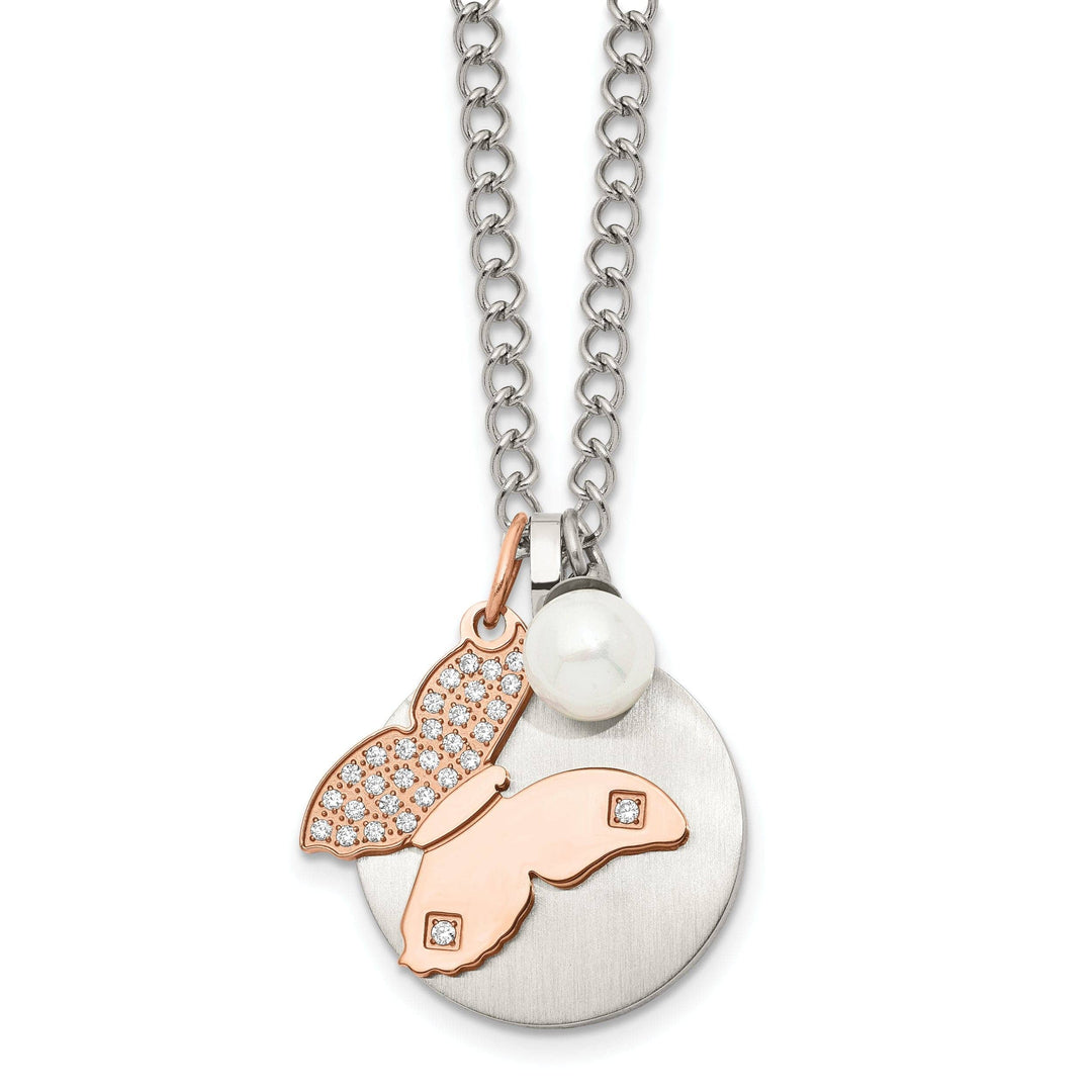 Chisel Necklaces Stainless Rose CZ Butterfly Faux Pearl Necklace