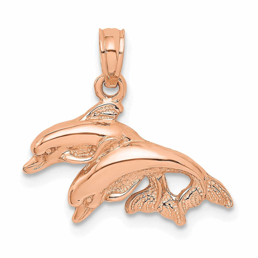 Lovely Rita's Pendants & Charms 14K Rose Gold 2-DimensionalTextured Polished Finish Double Dolphins Jumping Left Sided Charm Pendant