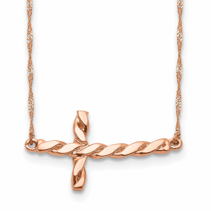 Lovely Rita's Pendants & Charms 14k Rose Gold Polished Finish Solid Twisted Sideways Cross Pendant Design in a 17-Inch Rope Chain Necklace Set