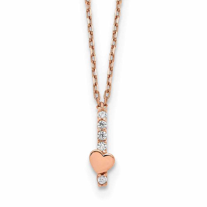 Lovely Rita's Pendants & Charms 14k Rose Gold Solid Polished Finish Cubic Zirconia Heart Design with 1.25 in ext 15-inch Cable Chain Necklace