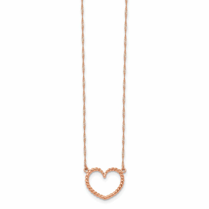 Lovely Rita's Pendants & Charms 14k Rose Gold Solid Polished Textured Finish Heart Pendant Design in a 17-Inch Singapore Chain Necklace Set