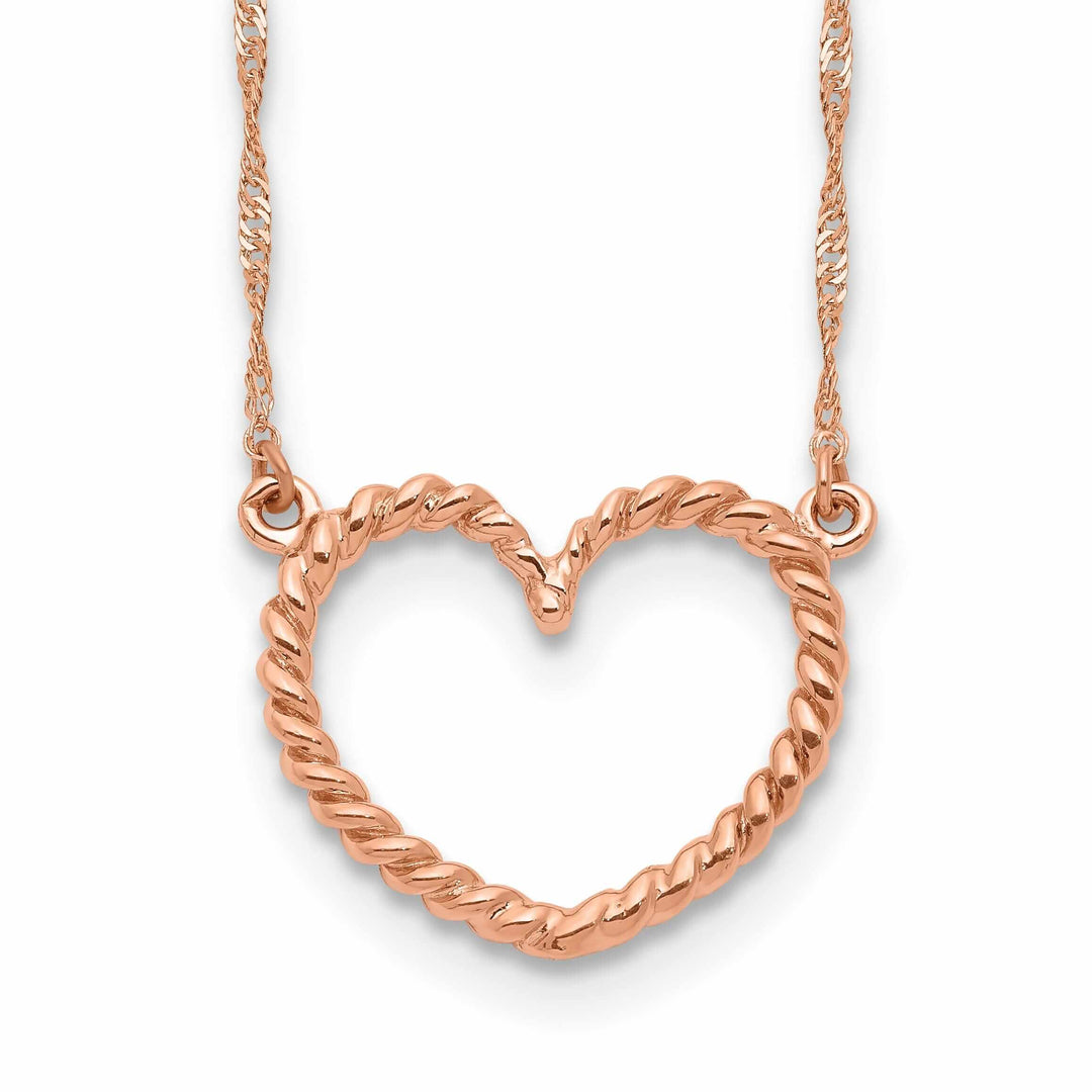 Lovely Rita's Pendants & Charms 14k Rose Gold Solid Polished Textured Finish Heart Pendant Design in a 17-Inch Singapore Chain Necklace Set