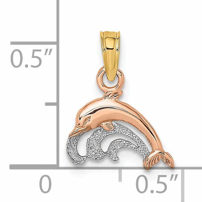 Lovely Rita's Pendants & Charms 14K Rose Gold White Rhodium Dolphin Swimming in Wave Design Charm Pendant