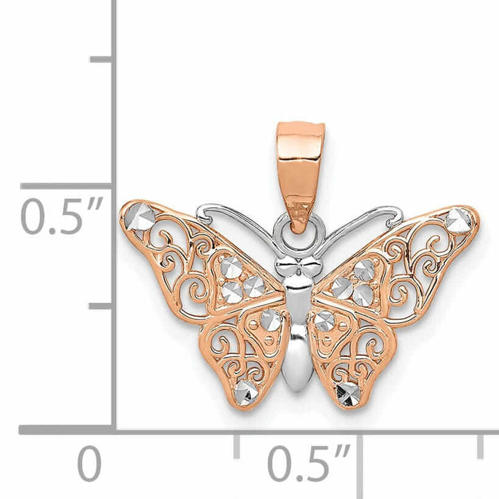 Lovely Rita's Pendants & Charms 14k Rose Gold with Rhodium Casted Textured Back Solid Polished Finish Diamond-cut Butterfly Charm Pendant