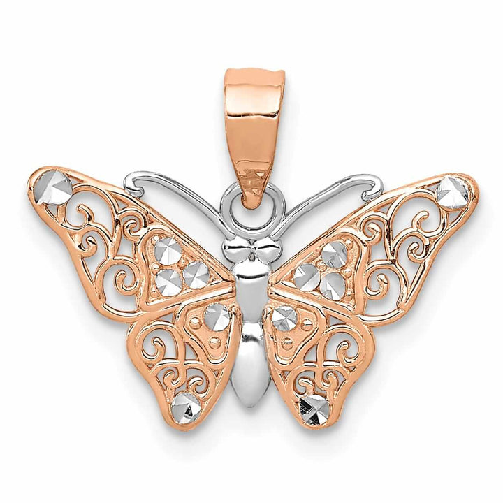 Lovely Rita's Pendants & Charms 14k Rose Gold with Rhodium Casted Textured Back Solid Polished Finish Diamond-cut Butterfly Charm Pendant