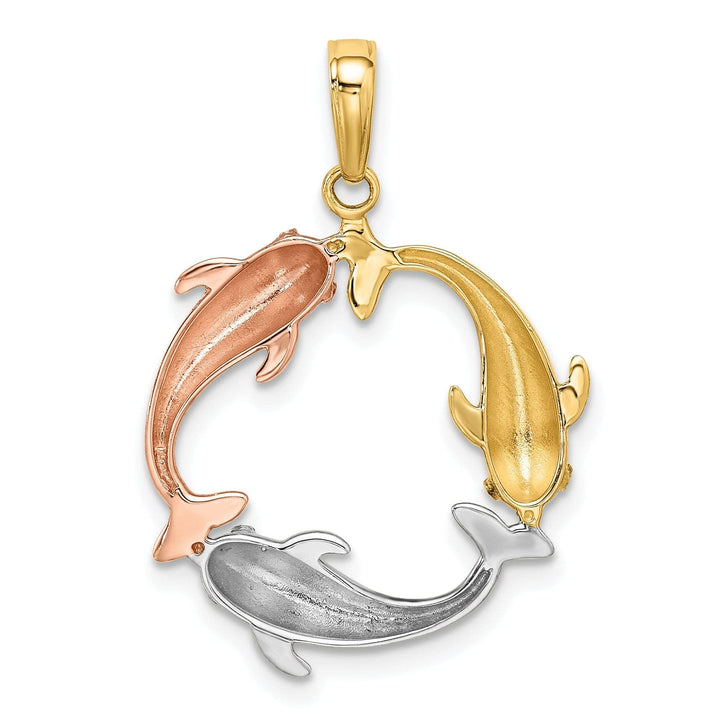 Lovely Rita's Pendants & Charms 14k Tri-color Gold Casted Polished Finish Hallow Triple Dolphin Circle Charm Pendant