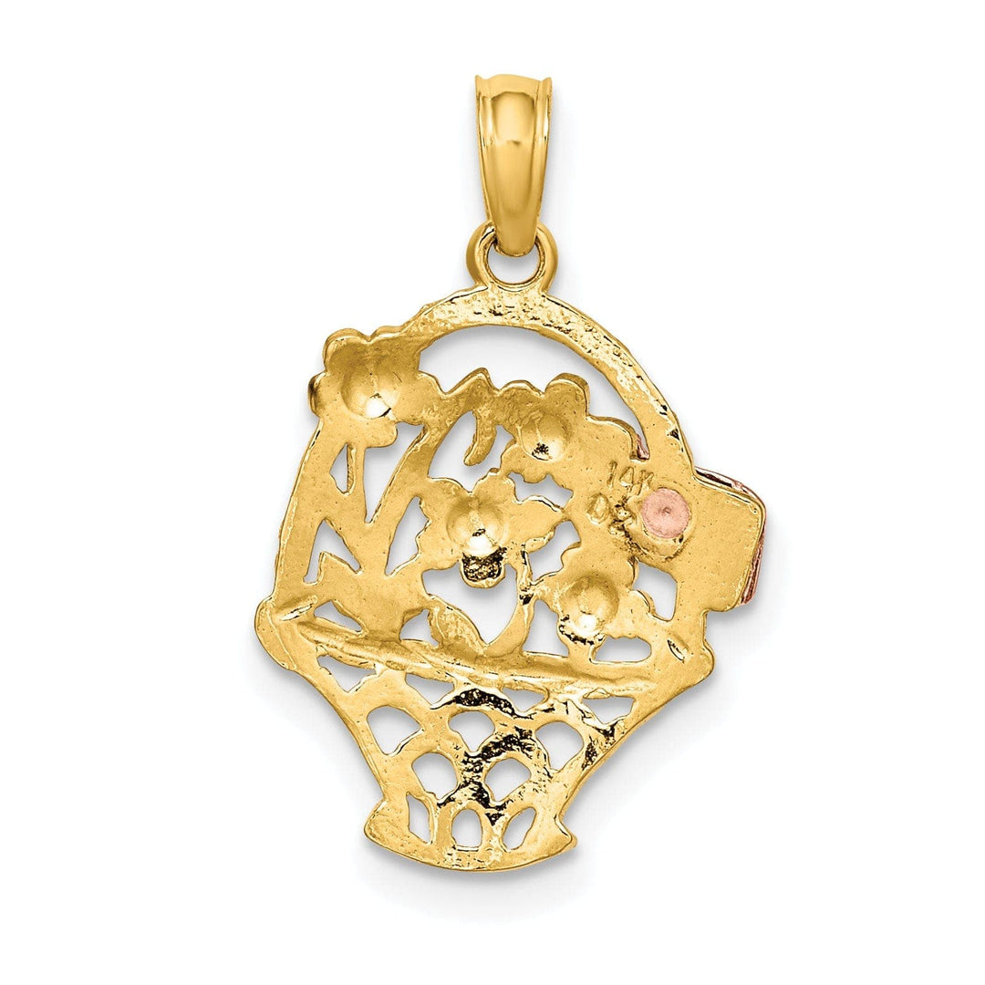 Lovely Rita's Pendants & Charms 14k Tri-Color Gold Rhodium Plated Textured Open Back Solid Polished Finish Flower Basket with I LOVE YOU Charm Pendant