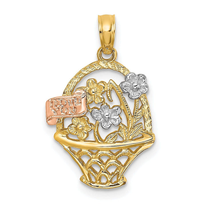 Lovely Rita's Pendants & Charms 14k Tri-Color Gold Rhodium Plated Textured Open Back Solid Polished Finish Flower Basket with I LOVE YOU Charm Pendant