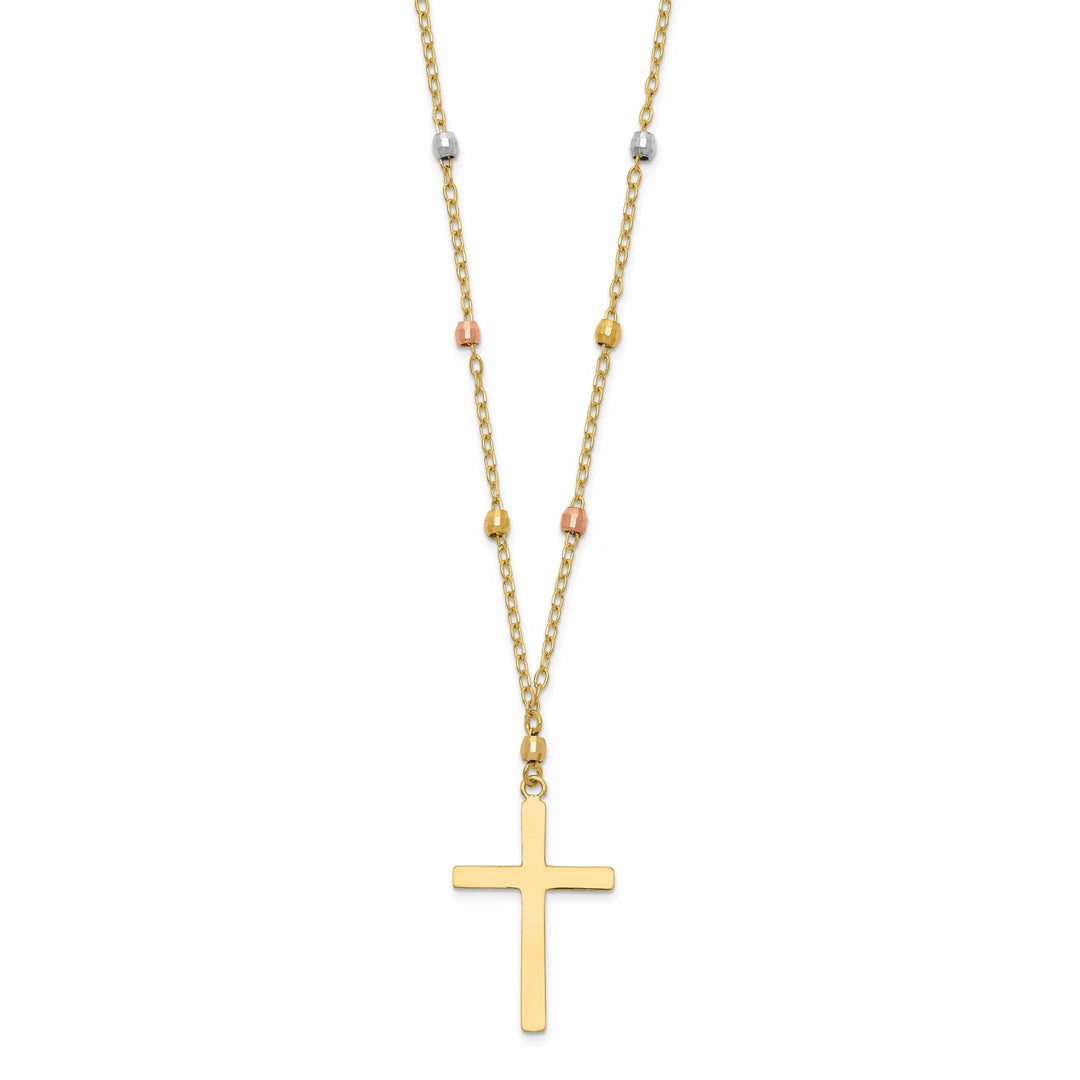 Lovely Rita's Pendants & Charms 14K Tri Color Gold Soild Polished Diamond Cut Finish Beaded Cross Design Pendant in a 18-Inch Cable Chain Necklace Set