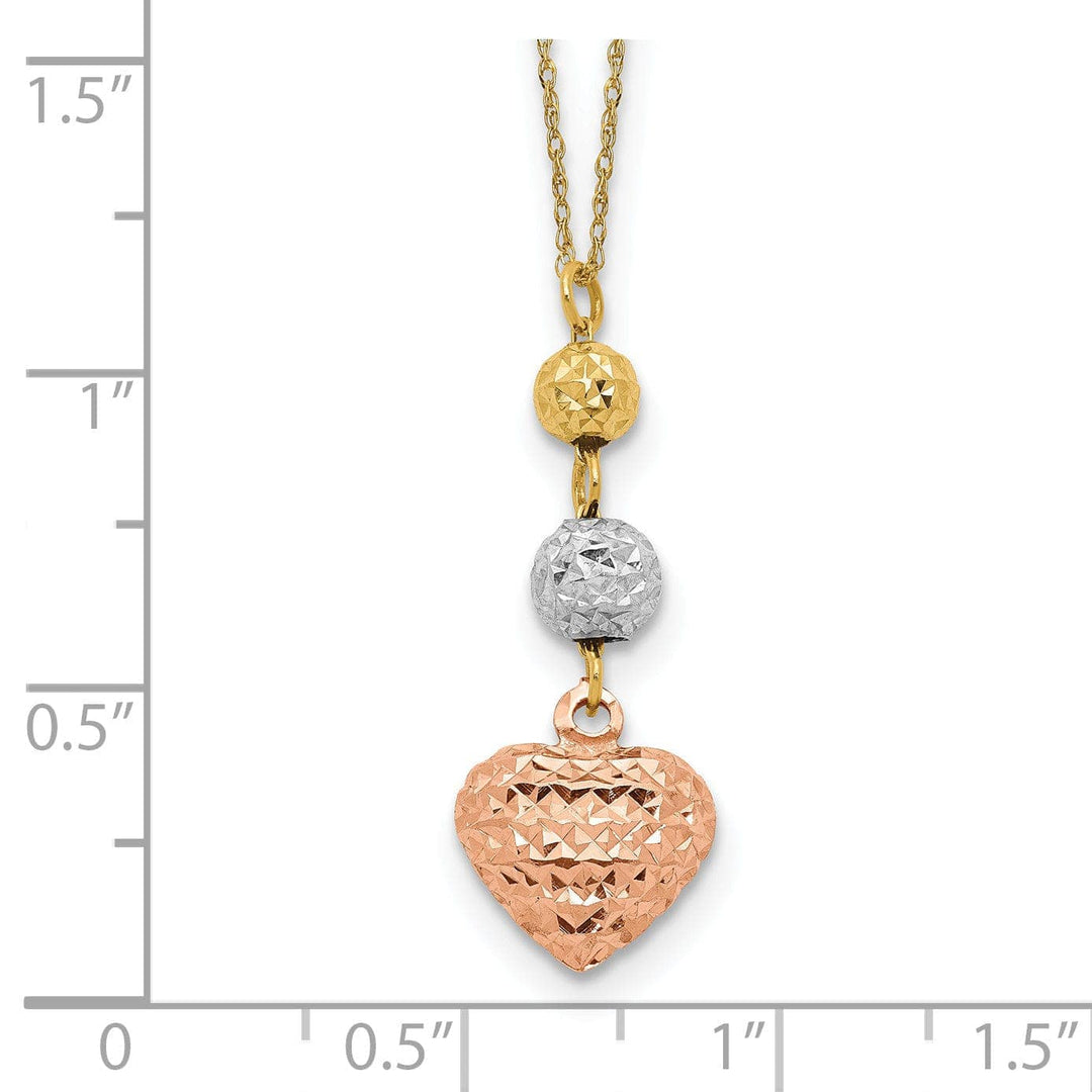 Lovely Rita's Pendants & Charms 14K Tri Gold Polished Finish Solid Polished Diamond Cut Finish Beads & Heart Design with 2-inch Ext 16-inch Ropa Chain Necklace