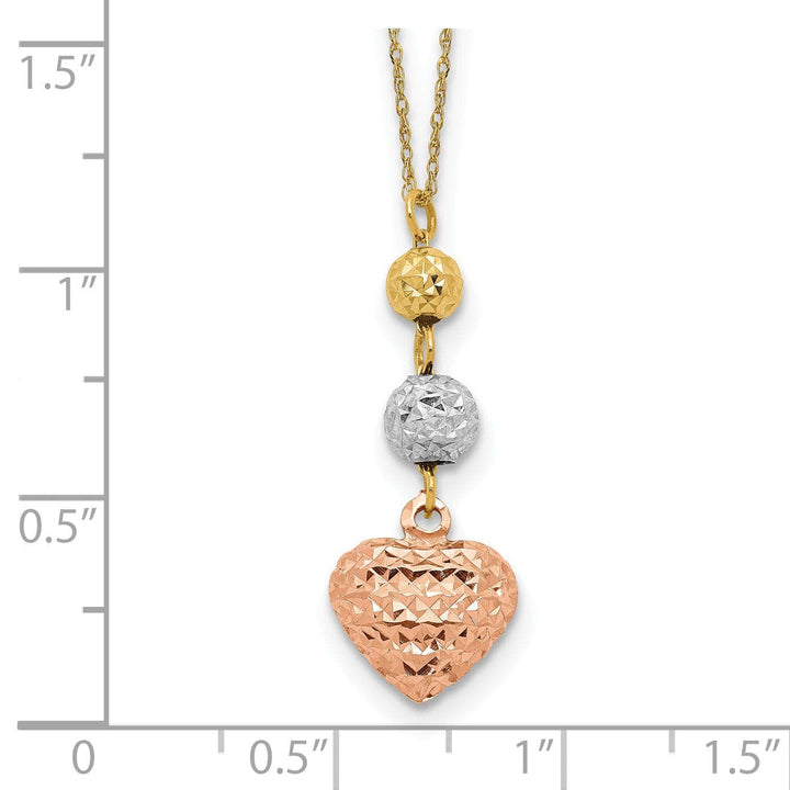 Lovely Rita's Pendants & Charms 14K Tri Gold Polished Finish Solid Polished Diamond Cut Finish Beads & Heart Design with 2-inch Ext 16-inch Ropa Chain Necklace