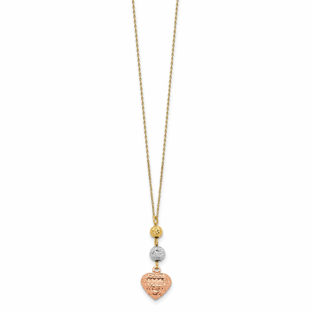 Lovely Rita's Pendants & Charms 14K Tri Gold Polished Finish Solid Polished Diamond Cut Finish Beads & Heart Design with 2-inch Ext 16-inch Ropa Chain Necklace