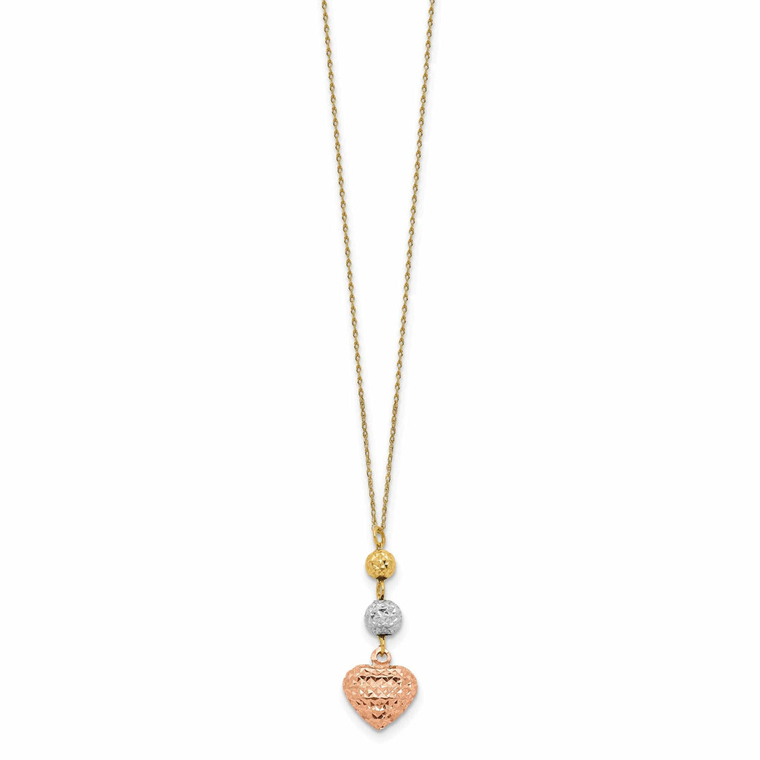 Lovely Rita's Pendants & Charms 14K Tri Gold Polished Finish Solid Polished Diamond Cut Finish Beads & Heart Design with 2-inch Ext 16-inch Ropa Chain Necklace