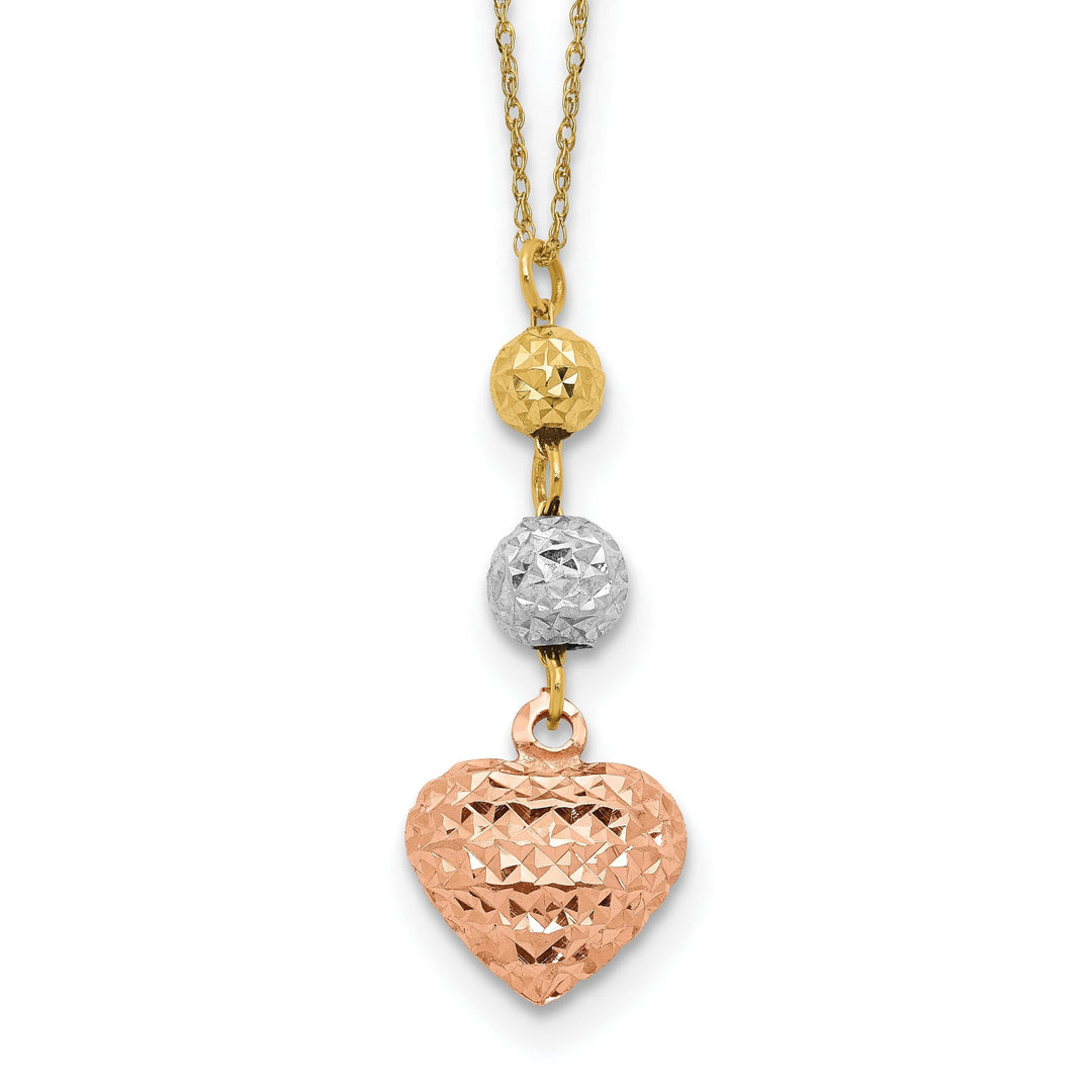 Lovely Rita's Pendants & Charms 14K Tri Gold Polished Finish Solid Polished Diamond Cut Finish Beads & Heart Design with 2-inch Ext 16-inch Ropa Chain Necklace