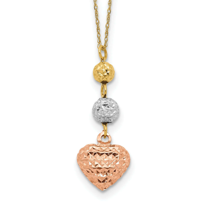 Lovely Rita's Pendants & Charms 14K Tri Gold Polished Finish Solid Polished Diamond Cut Finish Beads & Heart Design with 2-inch Ext 16-inch Ropa Chain Necklace
