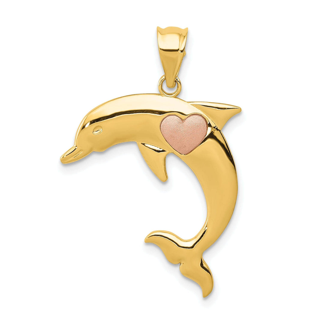Lovely Rita's Pendants & Charms 14k Two-tone Casted Solid Polished and Brushed Finish Dolphin with Heart Charm Pendant