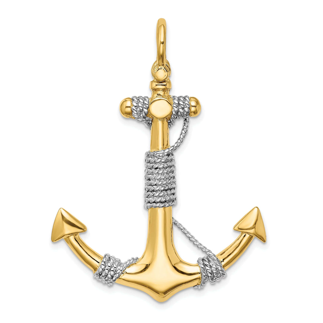 Lovely Rita's Pendants & Charms 14K Two Tone Gold 3-Dimensional Polished Finish Wrapped Rope Design Large Anchor Charm Pendant