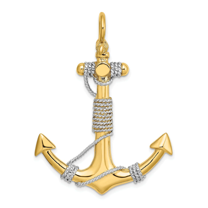 Lovely Rita's Pendants & Charms 14K Two Tone Gold 3-Dimensional Polished Finish Wrapped Rope Design Large Anchor Charm Pendant