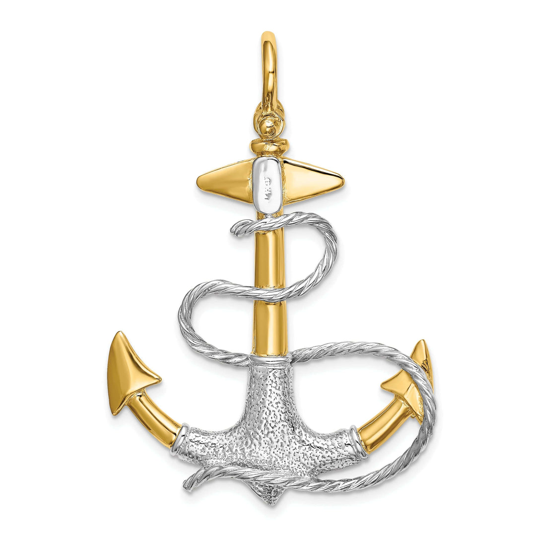 Lovely Rita's Pendants & Charms 14K Two Tone Gold 3-Dimensional Textured Polished Finish Anchor with white Rope design and Shackle Bail Charm Pendant