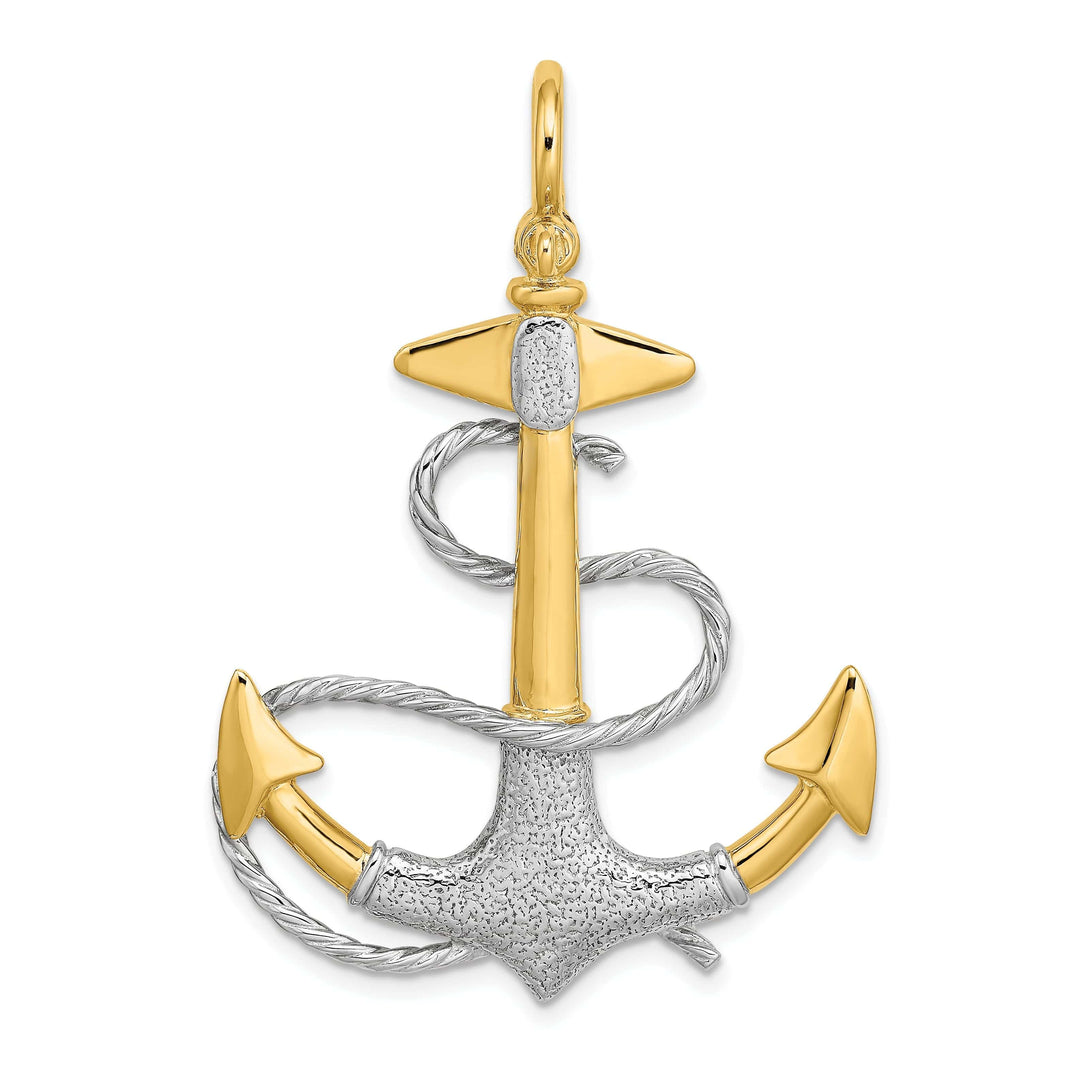 Lovely Rita's Pendants & Charms 14K Two Tone Gold 3-Dimensional Textured Polished Finish Anchor with white Rope design and Shackle Bail Charm Pendant