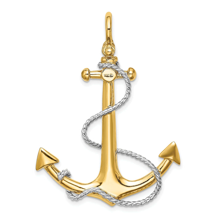 Lovely Rita's Pendants & Charms 14K Two Tone Gold 3-Dimensional Textured Polished Finish Anchor with white Rope design and Shackle Bail Large Charm Pendant