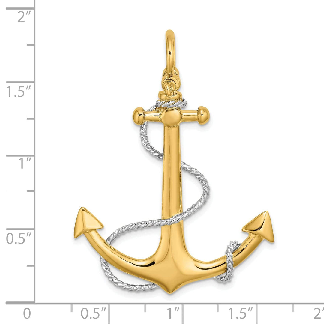 Lovely Rita's Pendants & Charms 14K Two Tone Gold 3-Dimensional Textured Polished Finish Anchor with white Rope design and Shackle Bail Large Charm Pendant