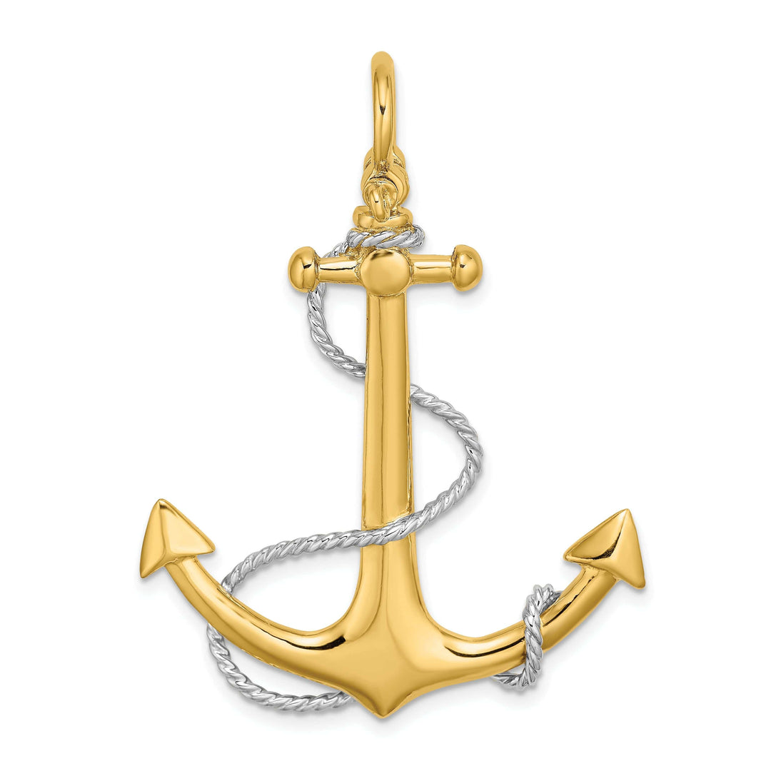 Lovely Rita's Pendants & Charms 14K Two Tone Gold 3-Dimensional Textured Polished Finish Anchor with white Rope design and Shackle Bail Large Charm Pendant