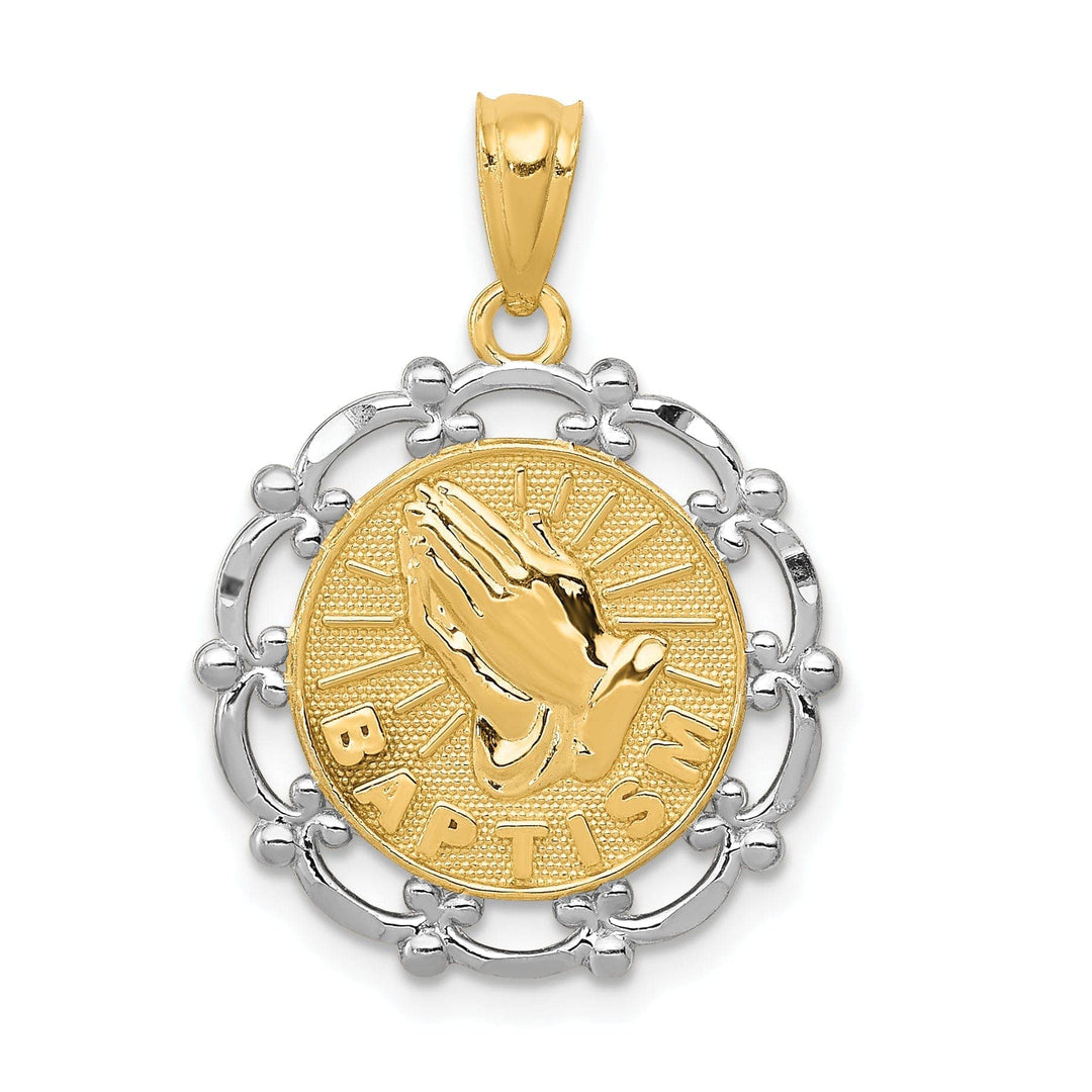 Lovely Rita's Pendants & Charms 14k Two Tone Gold Baptism Medal Pendant. Engraving fee $22.00.